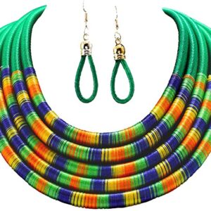 African Necklace Earrings Set Multilayer Woven Rope Choker Layered Strand Collar Statement Jewelry Accessories for Women and Girls