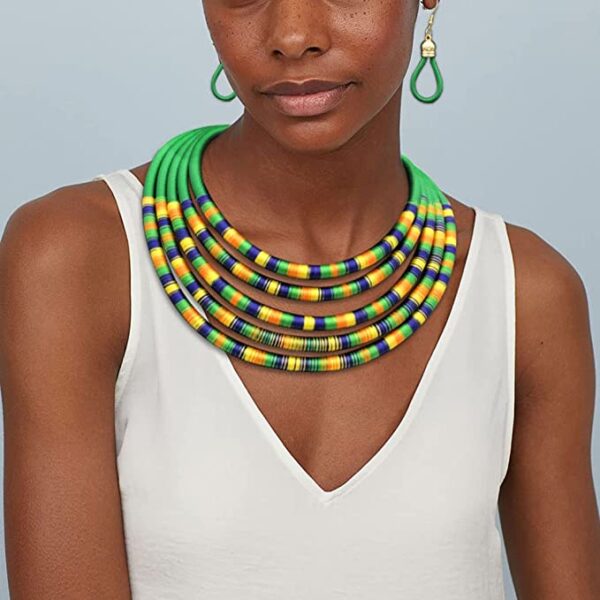 African Necklace Earrings Set Multilayer Woven Rope Choker Layered Strand Collar Statement Jewelry Accessories for Women and Girls - Image 3