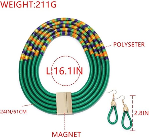 African Necklace Earrings Set Multilayer Woven Rope Choker Layered Strand Collar Statement Jewelry Accessories for Women and Girls - Image 5