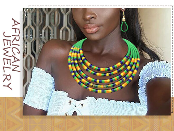African Necklace Earrings Set Multilayer Woven Rope Choker Layered Strand Collar Statement Jewelry Accessories for Women and Girls - Image 7