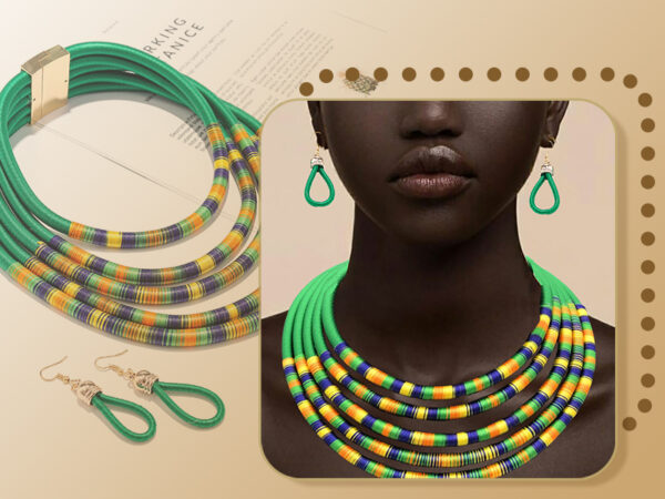 African Necklace Earrings Set Multilayer Woven Rope Choker Layered Strand Collar Statement Jewelry Accessories for Women and Girls - Image 8