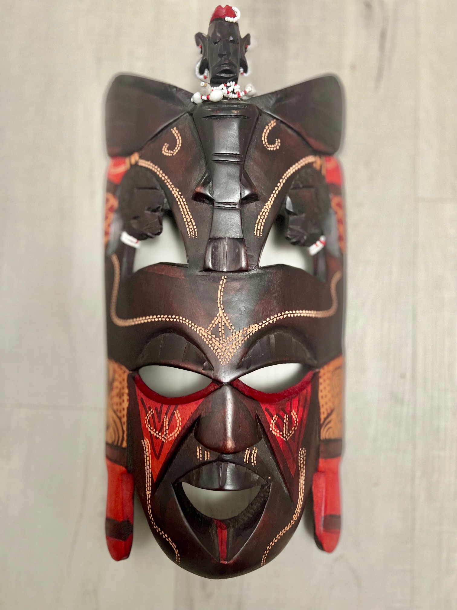 Hand Carved African Tribal Wood Mask With Kenyan Maasai Warriors.