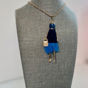 Handcrafted Blue Feathered Dress Doll Necklace - Exquisite Craftsmanship, Sustainable Materials, and the Perfect Gift for Any Occasion!