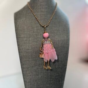 Handcrafted Pink-Feathered Dress Doll Necklace - Exquisite Craftsmanship, Sustainable Materials, and the Perfect Gift for Any Occasion!