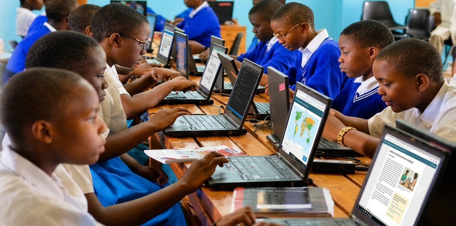 Students learning in a classroom with laptops